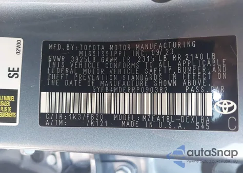 2024 Toyota Corolla Le из США, поврежденный, VIN 5YFB4MDE8RP090382